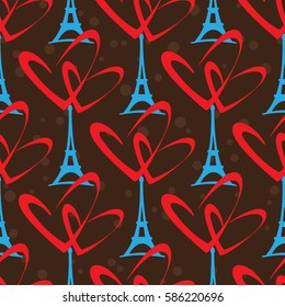 Paris Eiffer Tower silhouette and hearts isolated on dark background. Seamless pattern for romantic wrapping paper or textile print. 
