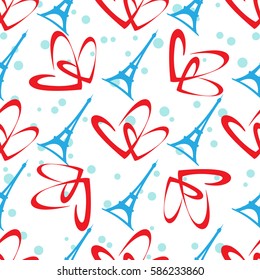 Paris Eiffer Tower silhouette and hearts isolated on white background. Seamless pattern for romantic wrapping paper or textile print. 