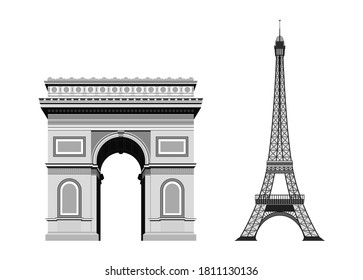 Paris eiphil tower and Arc de Triomphe Tourist attraction set. Travel, journey concept. Famous monuments of world countries. 