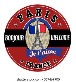 Paris emblem, label or stamp with Eiffel tower and french flag on white background, vector illustration