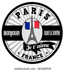 Paris emblem, label or stamp with Eiffel tower and french flag on white background, vector illustration