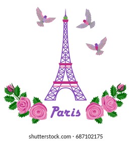 Paris embroidery romantic pattern with Eiffel tower on white background.