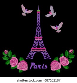 Paris embroidery romantic pattern with Eiffel tower on black background.