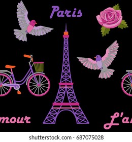 Paris embroidery seamless pattern with Eiffel tower on black background.