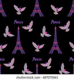 Paris embroidery seamless pattern with Eiffel tower on black background.