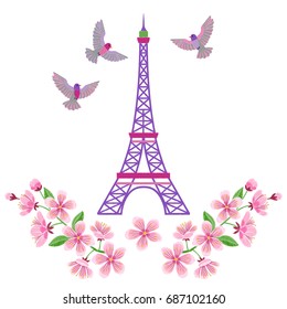 Paris embroidery spring pattern with Eiffel tower on white background.