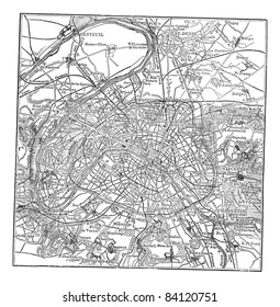 Paris and its environs, during the 1890s, vintage engraving.  Old engraved illustration of Paris map with its environs. Trousset encyclopedia (1886 - 1891).