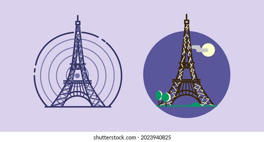 París. La famosa Torre Eiffel por la noche. Francia. Símbolo arquitectónico de Francia. Icono de viaje en estilo monocromo y color.