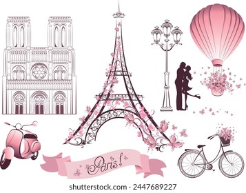 Paris famous landmark Eiffel Tower, Notre Dame de Paris, hot air balloon, lantern, couple love, bicycle retro scooter for Romantic design France. Set Vector Illustration isolated on white background