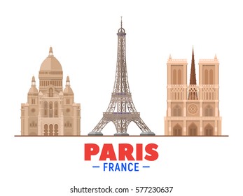 Paris famous monuments. Vector Illustration Eiffel Tower and Basilica.