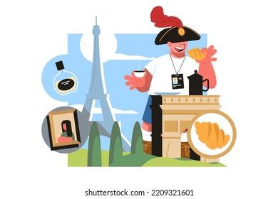 Paris Famous Travel Landmark Buildings And Architecture Sightseeing Vector Illustration. French Culture, Fashion, Cuisine And National Symbols