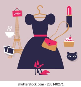 Paris fashion concept image. Flat vector french icons