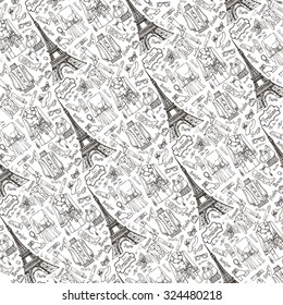 Paris Fashion pattern.Clothing and accessories background ,Eiffel tower landmark.Hand drawing set.Autumn,winter,spring wear.Doodle Vector Illustration in sketch style.Travel in France.Chalkboard 