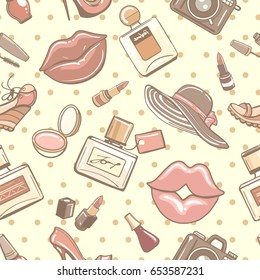 Paris fashion retro seamless pattern on polka dot background with accessories woman for scrapbook travel France like fashionable design. Vector illustration