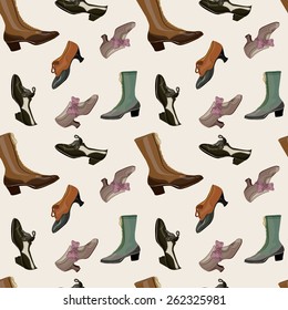 Paris Fashion Store 1900 - 1920 vintage  illustration. Pattern with vintage woman shoes set