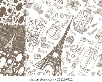 Paris Fashion.Clothing and accessories Hand drawing silhouette seamless pattern,background,wallpaper set.Fashion wear.Doodle Vector in sketch style.French Inscriptions Hello,fashion,shop,Eiffel tower