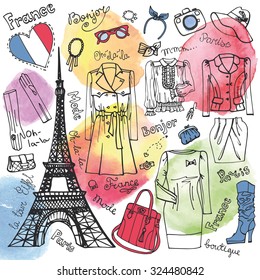 Paris Fashion.Clothing and accessories.Hand drawing set with Watercolor splashes.Autumn,winter,spring European fashion wear.Doodle Vector Illustration French Iandmark Eiffel tower.