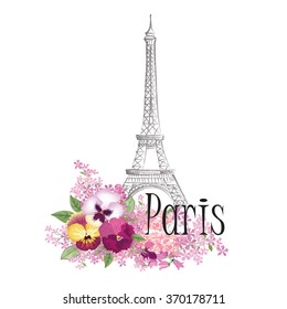 Paris floral sign. French famous landmark Eiffel tower with spring flower bouquet. Travel France label