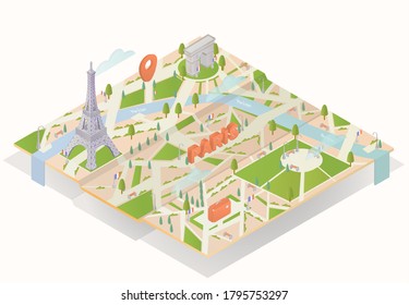 Paris (France) 3D Map. The map is drawn in isometric. The illustration includes objects drawn in isometry. Eiffel tower, arc de Triomphe, suitcase, geo-location icon. Vector illustration. Attractions