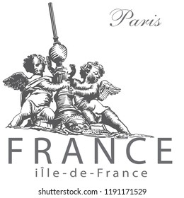 Paris. France. Angels holding the lightning rod. Detail of the roof of the Palace of justice (Conciergerie). Vector illustration made by hand in the style of engraving.