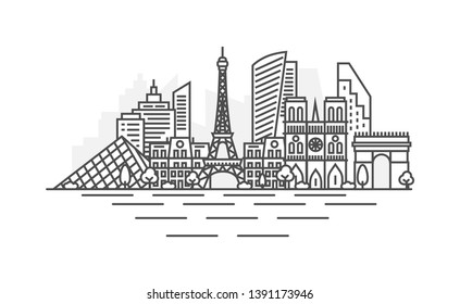 Paris, France architecture line skyline illustration. Linear vector cityscape with famous landmarks, city sights, design icons. Landscape with editable strokes.