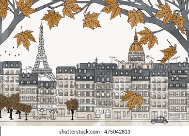 Paris, France in Autumn - hand drawn colorful illustration of the city with yellow maple branches and some empty space for text