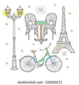 Paris, France, cafe, Eiffel tower, street in vector