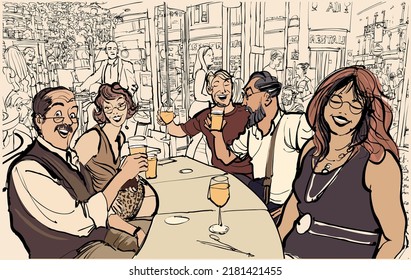 Paris, France Celebration toast. People clinking in a cafe restaurant - vector illustration 