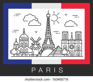 Paris, France. City attractions and the flag of France