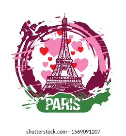Paris, France city design, with love hearts and Eiffel Tower. Hand drawn illustration.