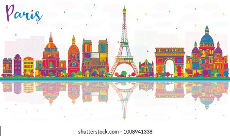 Paris France City Skyline with Color Buildings and Reflections. Vector Illustration. Business Travel and Tourism Concept with Historic Architecture. Paris Cityscape with Landmarks.