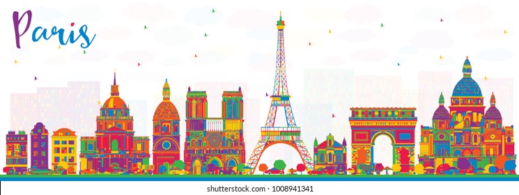 Paris France City Skyline con Edificios de Color. Ilustración vectorial. Concepto de viajes de negocios y turismo con arquitectura histórica. Paisaje urbano de París con monumentos.