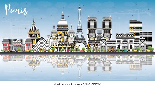 Paris France City Skyline with Color Buildings, Blue Sky and Reflections. Vector Illustration. Business Travel and Concept with Historic Architecture. Paris Cityscape with Landmarks