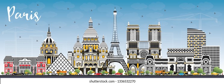 Paris France City Skyline with Color Buildings and Blue Sky. Vector Illustration. Business Travel and Concept with Historic Architecture. Paris Cityscape with Landmarks