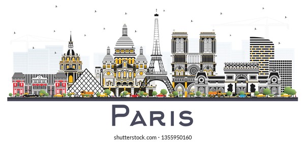 Paris France City Skyline with Color Buildings Isolated on White. Vector Illustration. Business Travel and Concept with Historic Architecture. Paris Cityscape with Landmarks.