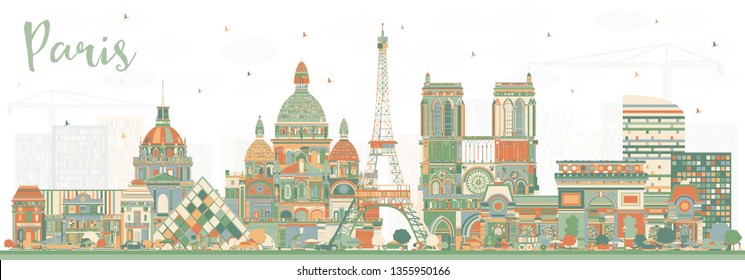 Paris France City Skyline with Color Buildings. Vector Illustration. Business Travel and Concept with Historic Architecture. Paris Cityscape with Landmarks.