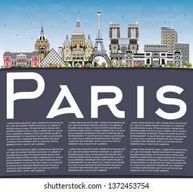 Paris France City Skyline with Color Buildings, Blue Sky and Copy Space. Vector Illustration. Business Travel and Concept with Historic Architecture. Paris Cityscape with Landmarks.