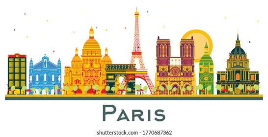 Paris France City Skyline with Color Buildings Isolated on White. Vector Illustration. Business Travel and Tourism Concept with Historic Architecture. Paris Cityscape with Landmarks.