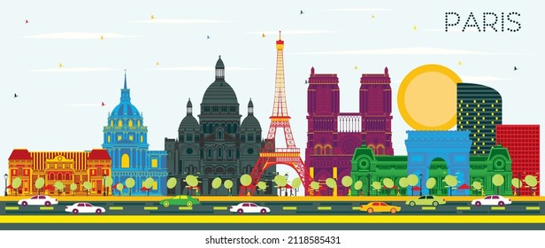 Paris France City Skyline with Color Buildings and Blue Sky. Vector Illustration. Business Travel and Concept with Historic Architecture. Paris Cityscape with Landmarks