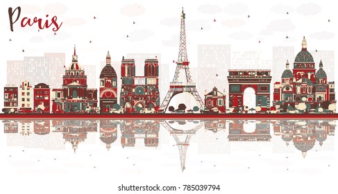 Paris France City Skyline with Color Landmarks. Vector Illustration. Business Travel and Tourism Concept with Historic Buildings. Paris Cityscape with Landmarks.