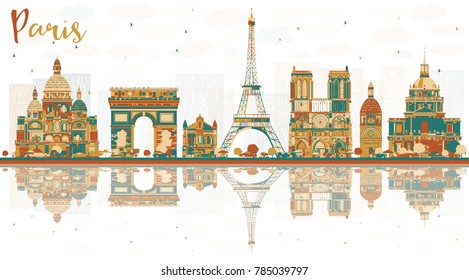 Paris France City Skyline with Color Landmarks. Vector Illustration. Business Travel and Tourism Concept with Historic Buildings. Paris Cityscape with Landmarks.