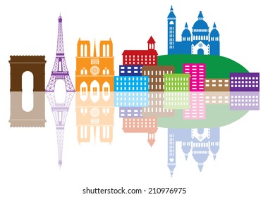 Paris France City Skyline Outline Silhouette Color with Reflection Isolated on White Background Panorama Vector Illustration