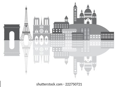 Paris France City Skyline Outline Silhouette Grayscale with Reflection Isolated on White Background Panorama Vector Illustration