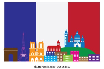 Paris France City Skyline Outline Silhouette in Flag of France Color Isolated on White Background Panorama Vector Illustration