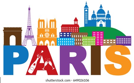 Paris France City Skyline Outline Silhouette Color with Champagne Bottle Glass Isolated on White Background Panorama vector Illustration