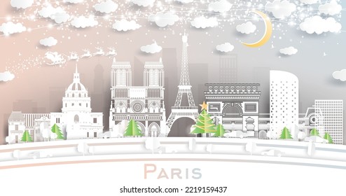 Paris France City Skyline in Paper Cut Style with Snowflakes, Moon and Neon Garland. Vector Illustration. Christmas and New Year Concept. Santa Claus on Sleigh. Paris Cityscape with Landmarks.