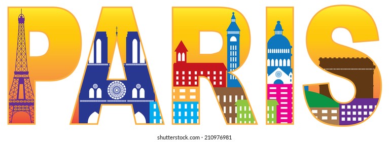 Paris France City Skyline Text Outline Silhouette Color with Reflection Isolated on White Background Panorama Vector Illustration