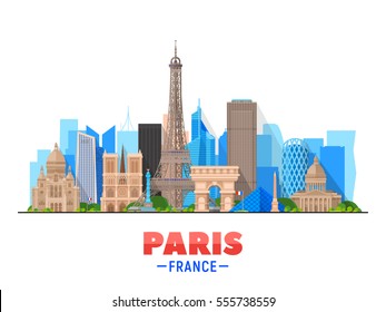 Paris (France) city skyline vector background. Flat vector illustration. Business travel and tourism concept with modern buildings. Image for banner or web site.