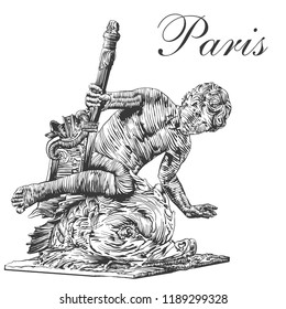 Paris. France. Detail of Alexander III third bridge. The boy is on a dolphin. Hand-drawn vector illustration, stylized for engraving.