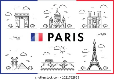 Paris, France. Eiffel Tower and city attractions. Vector illustration